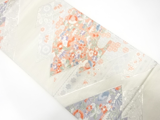 アンティーク　変わり松皮菱に花・ヱ霞模様織り出し袋帯（材料）